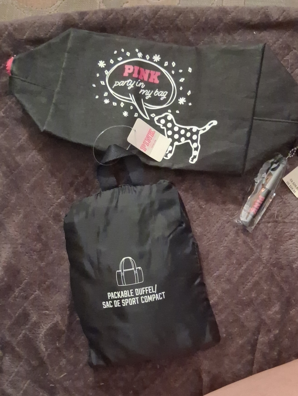 PINK Victoria's Secret Black Packable Duffel w/Pink Logo + Large Make-up Poiuh